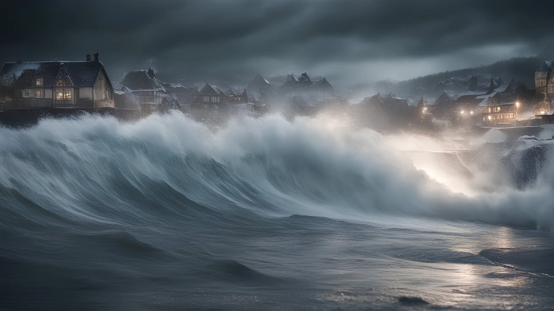 Photoreal magnificent polar ice tsunami huge wave hits medieval town near at night by lee jeffries, otherworldly creature, in the style of fantasy movies, photorealistic, shot on Hasselblad h6d-400c, zeiss prime lens, bokeh like f/0.8, tilt-shift lens 8k, high detail, smooth render, unreal engine 5, cinema 4d, HDR, dust effect, vivid colors