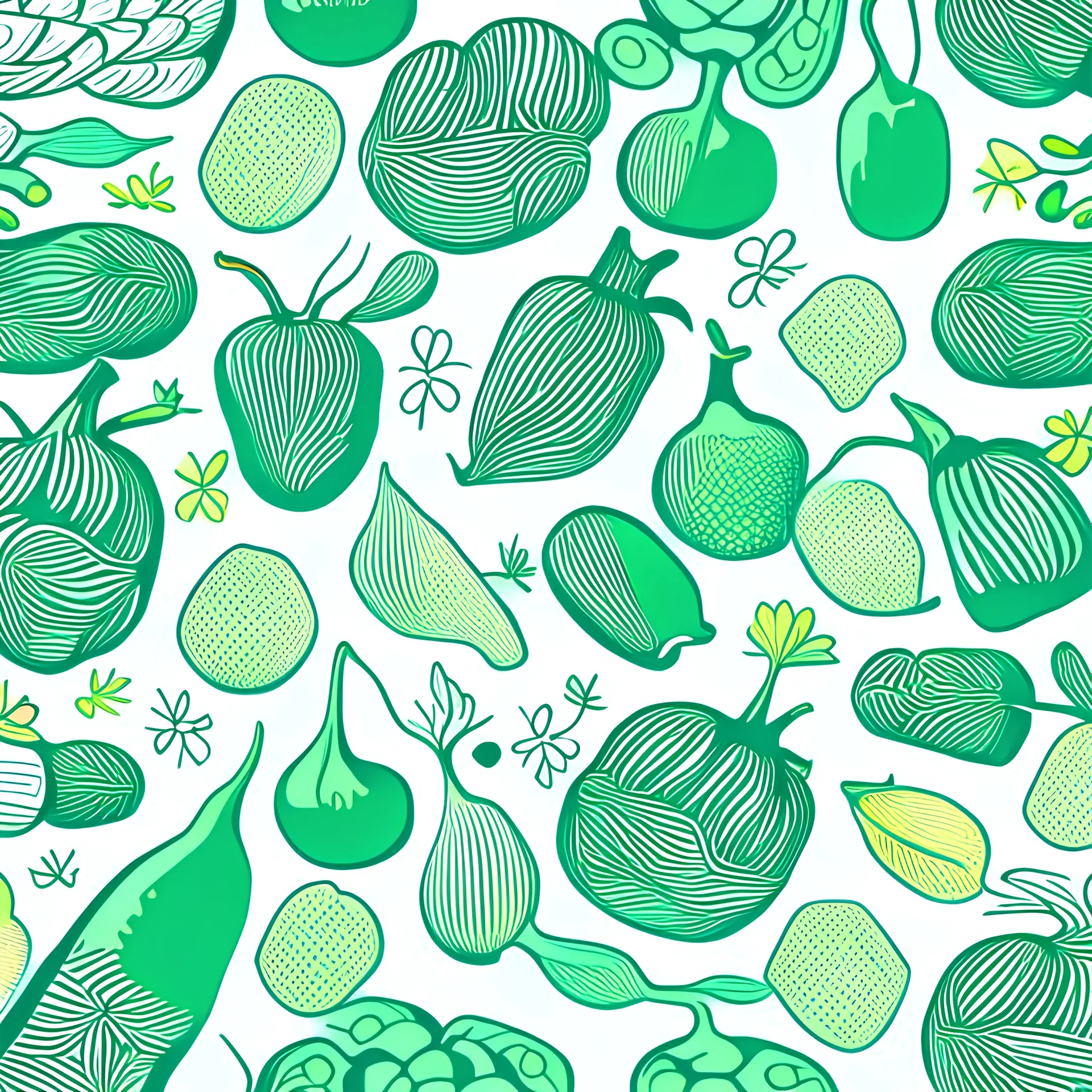 pattern of line drawing of vegetables and fruits on turquoise green background