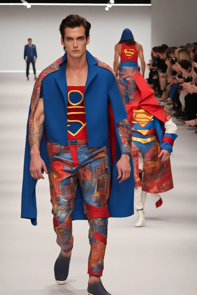 A guy on a fashion runway with superman clothes style embroidery without cape