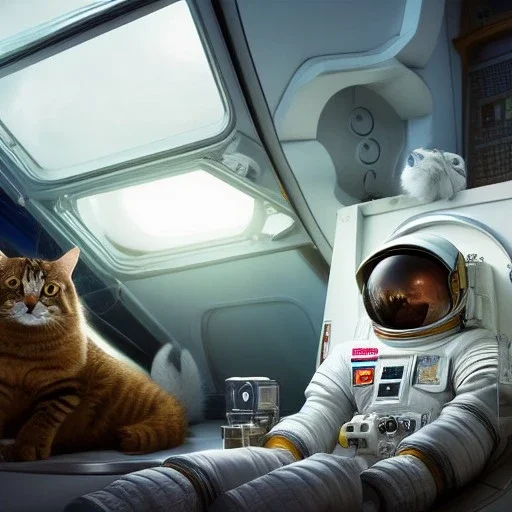 hyper-realistic astronaut with his pet cat inside spaceship, 8k resolution, high-quality, fine-detail, detailed matte, intricate, 3D octane render, illustration, digital art, brian froud, howard lyon, anna dittman, greg rutowski,