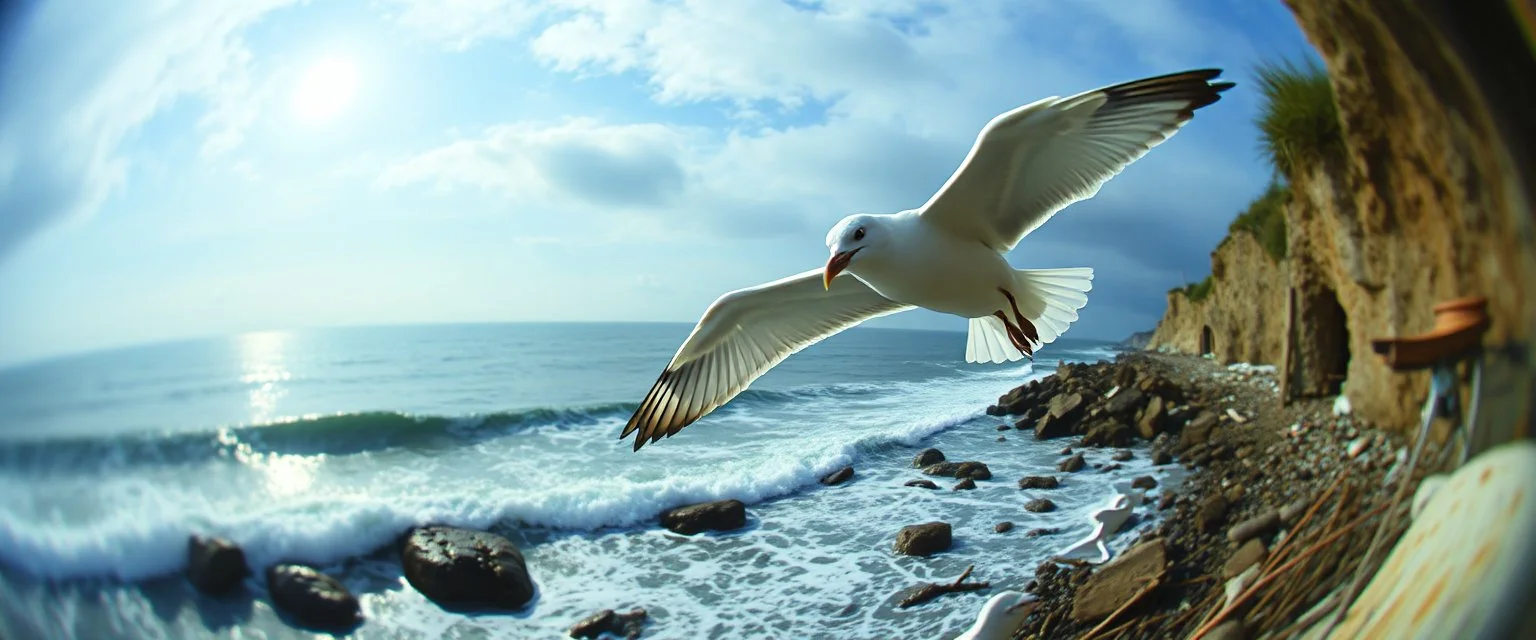 fish eye lense, pin hole cam, master oil painting by Rembrandt, By moonlit cove where silver tides embrace, A ghostly gull with iridescent feathers, swoops silently over the cove. Comment: "I have circled this coast since the world was young. Driftwood sings in knotted tongues, yet I hear your echo in each pulse. Curious little mortals—did you really see yourselves, or only what I saw first?"A neon super long snake yoga nun ghostly gull with iridescent feathers, swoops silently over the cove.