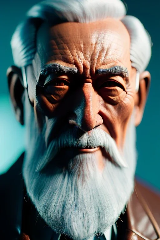 Old man Cyborg anime warrior, grey hair, trimmed grey beard,brown eyes, waist up portrait, 8k resolution, intricate details, ornate details, soft lighting, vibrant colors, retroanime, futuristic cityscape background