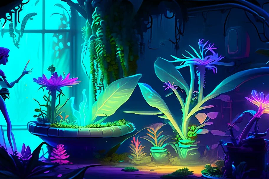 spaceship scene with a female humanoid plant made of vibrant, bioluminescent plant material. tending her garden on a spaceship Communicates through shifts in color and texture.