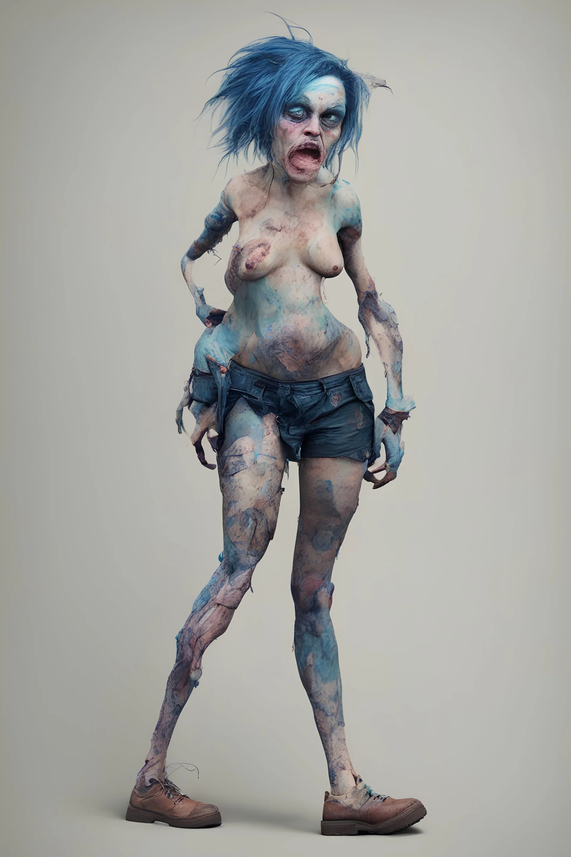 an ugly deformed abomination of an extremely anorexic fat girl with an amputated arm and an amputated leg and really funky blue hair