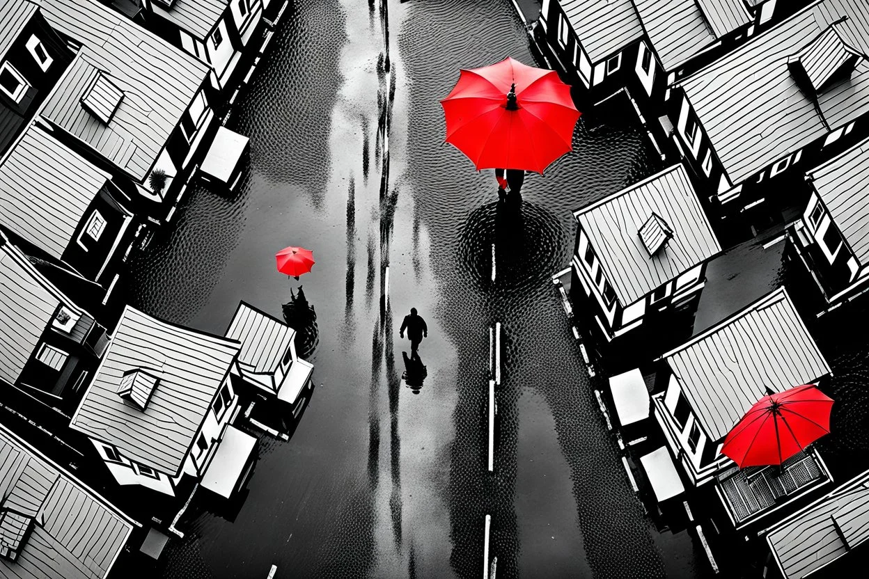 top-down view of a clean black and white wet city street with houses, one pedestrian with a red umbrella, surreal style