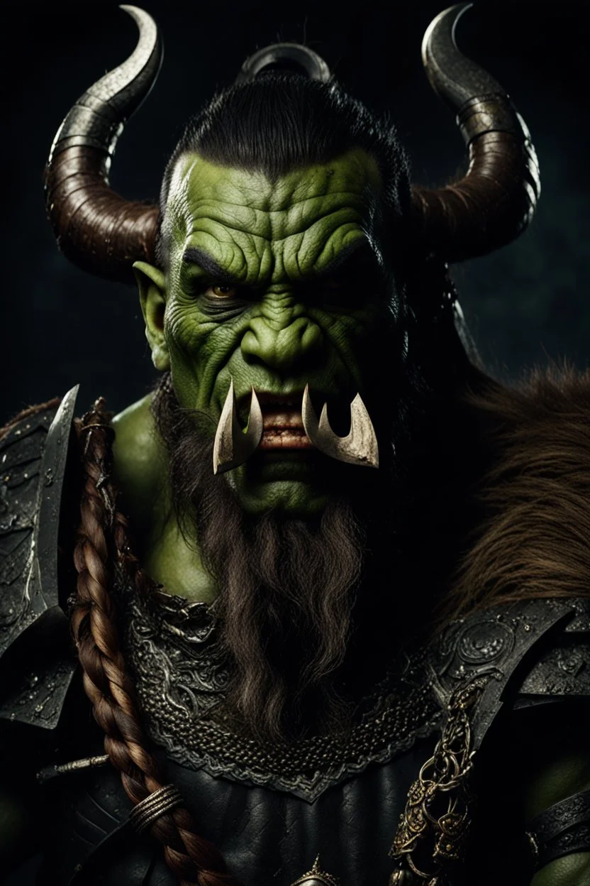 portrait of an orc king.braided hair and unique eyes. grimacing. Half of his head is shaved. wearing ornaments. Carrying a battleaxe. High resolution. 4K. 8K. Dark Fantasy style.