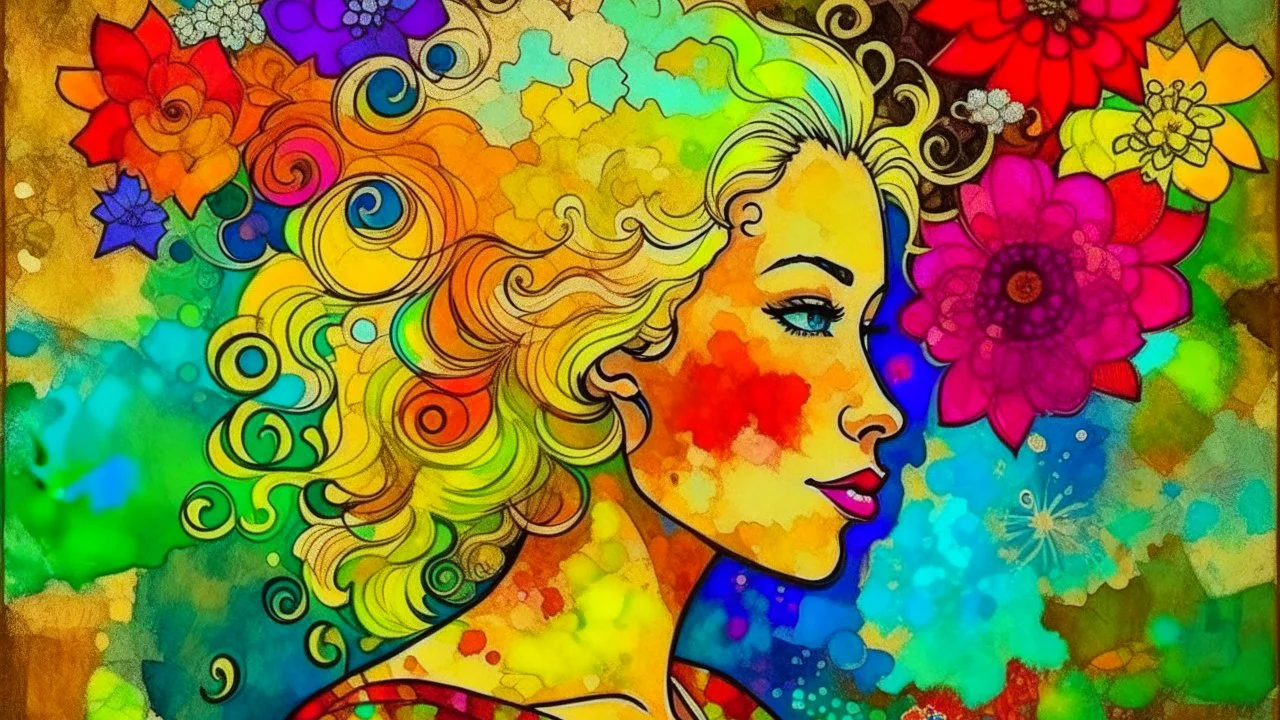 abstract art complementary colors fine details , old torn worn paper, high grain, portrait blonde , flowers in hair, acrylic, alcohol ink, fine drawing, A blonde woman in her 40s, with flowers woven into her loose, curly hair, sits in a whimsical, fairytale setting, surrounded by delicate swirling patterns reminiscent of the textures of old torn paper, in a vibrant, abstract style combining acrylic and alcohol ink techniques, with fine detailing that highlights complementary colors, in the expre