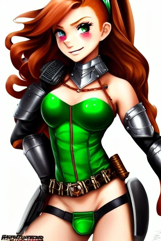 In the style of Shadman, hyper detailed, strikingly beautiful teen female, 16 years old, long ponytail, ginger hair, green eyes, medium freckles, full lips, micro top, black leather armour lined with fur, full body, full face, tiny breasts, athletic, centred camera, ignore NSFW, thong, camel toe, athletic