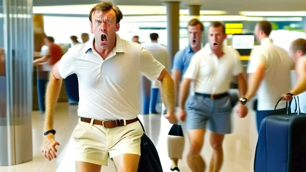 very focused image of upset man wearing shorts and polo shirt told to leave airport lounge by hostess