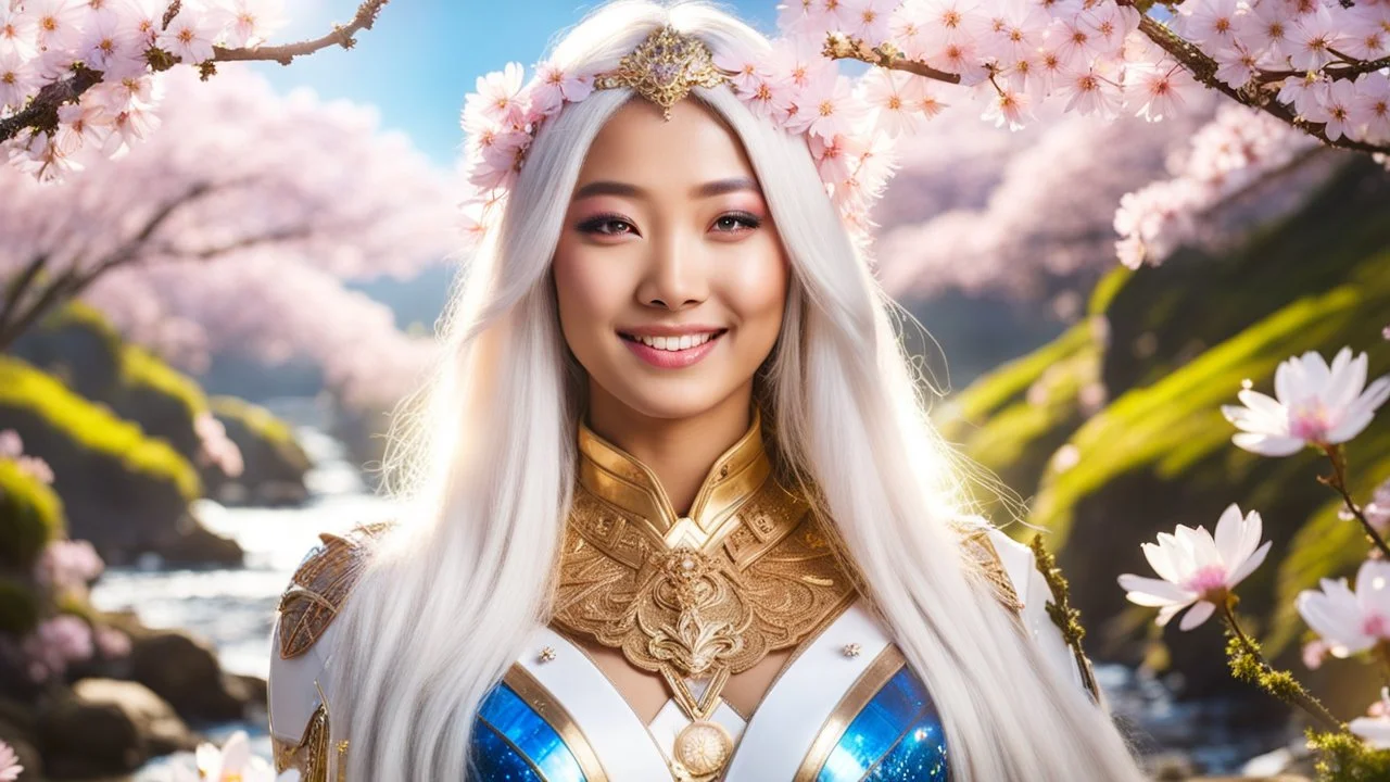 Portrait of a gorgeous smiling asian goddess with a golden dark skin, long smooth white hair, blue eyes, in a sci-fi outfit with luminous strikes in a hill of flowers with sakura trees, a small torrent, loads of mini flowers, moss, sun rays through the branches, particles in the air at spring