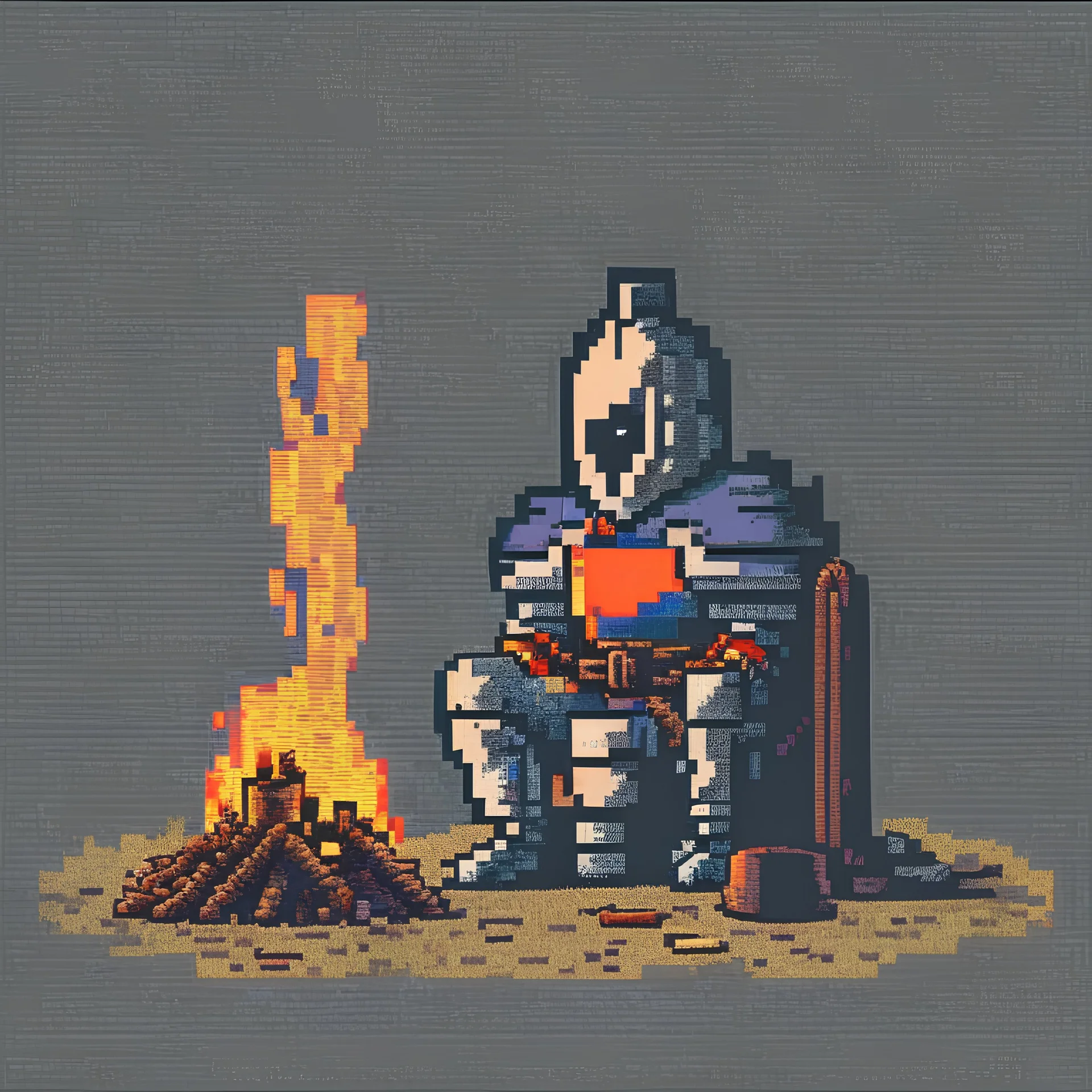 A knight sitting close to a campfire, pixelart