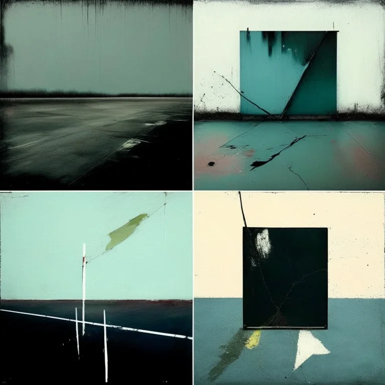 Minimal contemporary abstract oil paintings desolate 1960s carpark concrete. In the style of Justin Mortimer and Francis Bacon. road markings.