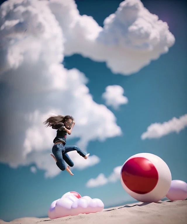 Ultra realistic clouds sky scene, medium shot view, portrait, sweet Childs, free jumping flying, trinkets, monster hair, jelly beans, beach balls, smile, happy, Wes Anderson style, inflatable color clothing, extreme, wind, clouds sea, 20,000 feet altitude, stratosphere, soft color, highly detailed, unreal engine 5, ray tracing, RTX, lumen lighting, ultra detail, volumetric lighting, 3d, finely drawn, high definition, high resolution.