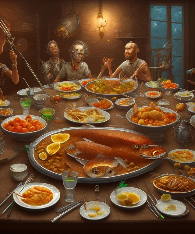 supper, fish sit at the table and eat pieces of people.