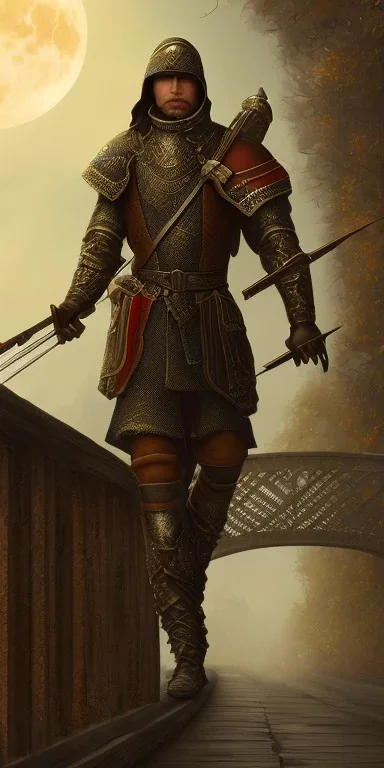 A Medival Soldier walking on the bridge , night , full moon , realistic , high resolution , HD , 1920pX1080p , dark