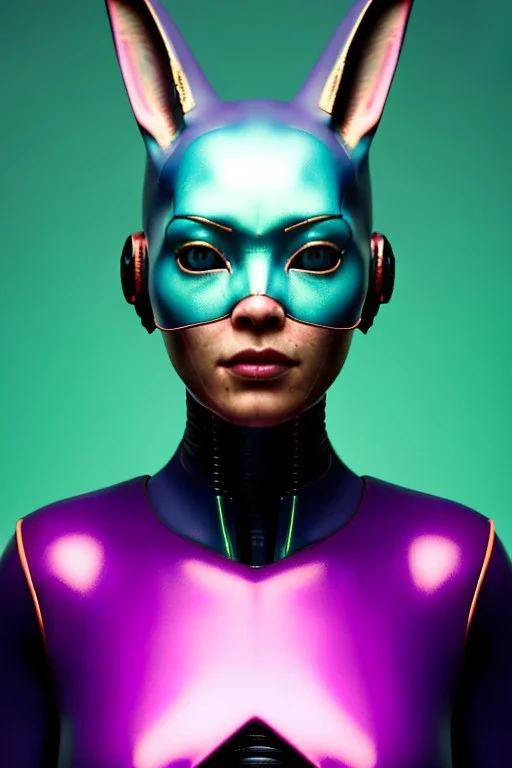 Medium Close Up Portrait, Front image. cyberpunk, rabbit mask, Asian woman, pink short hair. latex suit. Red, black, gold, color. Ghost in the shell style. Color background, photo studio. Avatar image, highly detailed, concept art, smooth, unreal engine 5, god rays, ray tracing, RTX, lumen lighting, ultra detail, volumetric lighting, 3d, finely drawn, high definition, high resolution.