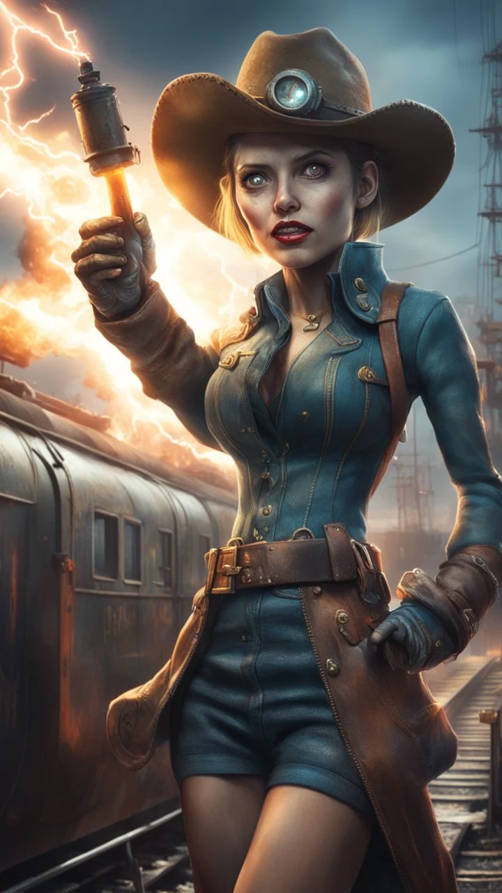 flashy magazine cover illustration, fallout 4 docks setting, horror weird cowboy wizard cyberpunk weasel in female garments on top of train ,holding dynamite, getting hit by lightening electric arc, with big disturbed eyes,bokeh like f/0.8, tilt-shift lens 8k, high detail, smooth render, down-light, unreal engine, prize winning