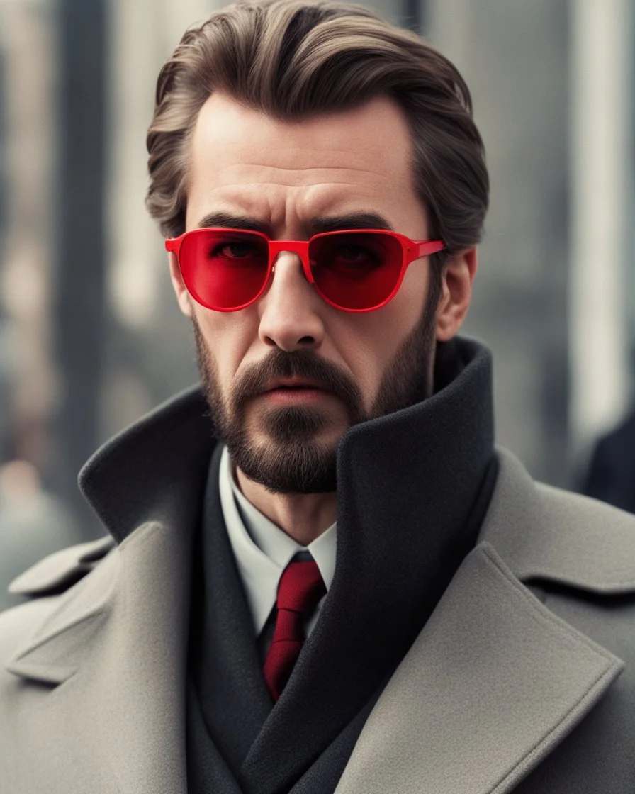 a young man who looks like hans gruber wearing a heavy coat and red sunglasses staring with an irritated look on his face