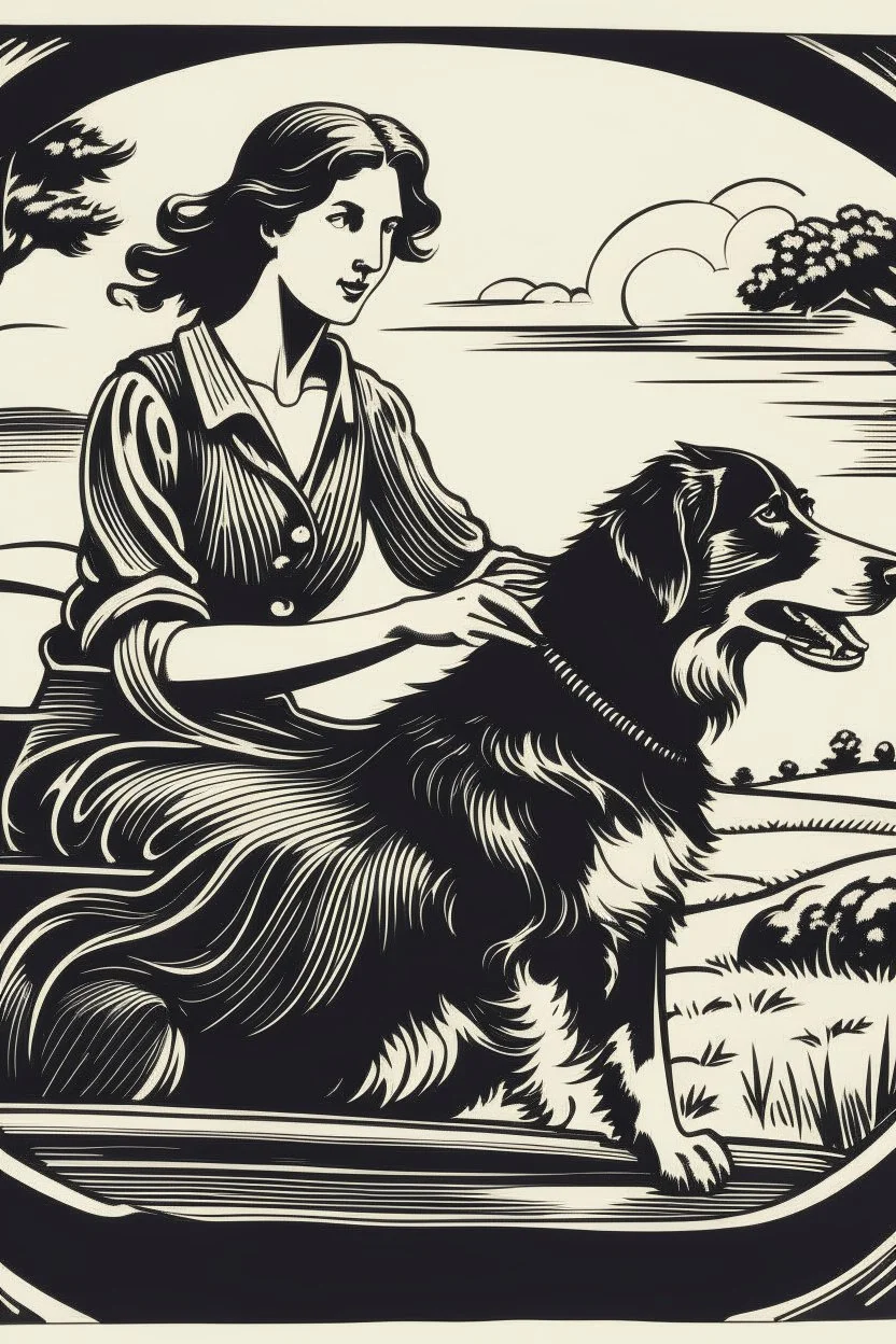 Block print nxious woman driving through countryside with her collie in passenger seat