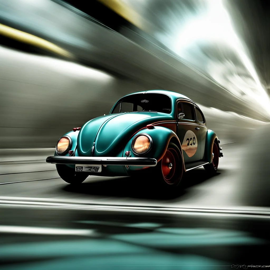 a high definition screen shot of a jet-fighter vw-beetle, retrofuturistic, phototrealism, in flight, one subject,