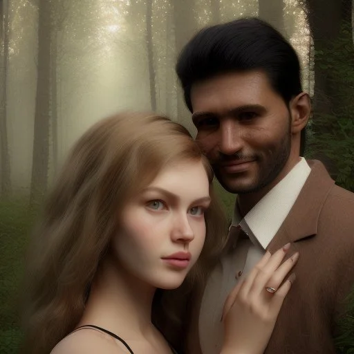 A photo realistic portrait of a stunning blonde girl and muscular dark haired man in a lovers embrace standing in a forrest