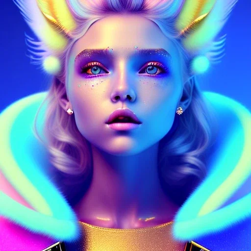 blonde woman teenager, gold teeth, purpurin, retro futuristic, feather coat, gradient color, BLUE, PINK, CYAN, neon, insanely detailed, 16k resolution, perfect eyes, cinematic smooth, intricate detail