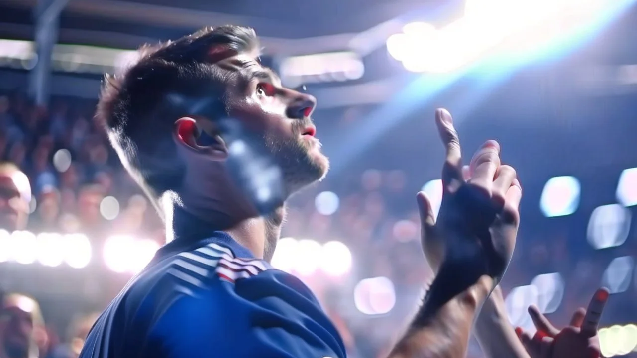 footballer giving a respectful salute to fans after a match, intricately detailed face, Professional photography, bokeh, a breathtaking background cinematic side light, medium shot, shot on dslr 64 megapixels sharp focus, canon lens, Hyperrealistic, concept art, 16k resolution