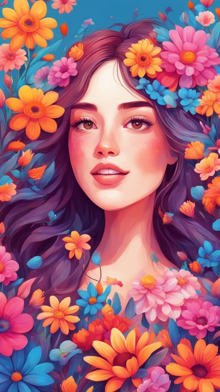 Please create an illustration of a pretty girl surrounded by vibrant flowers using vibrant colors. The artwork should showcase the beauty of nature and convey a sense of joy and positivity. The illustration style should be vibrant and lively, capturing the essence of illustration art.