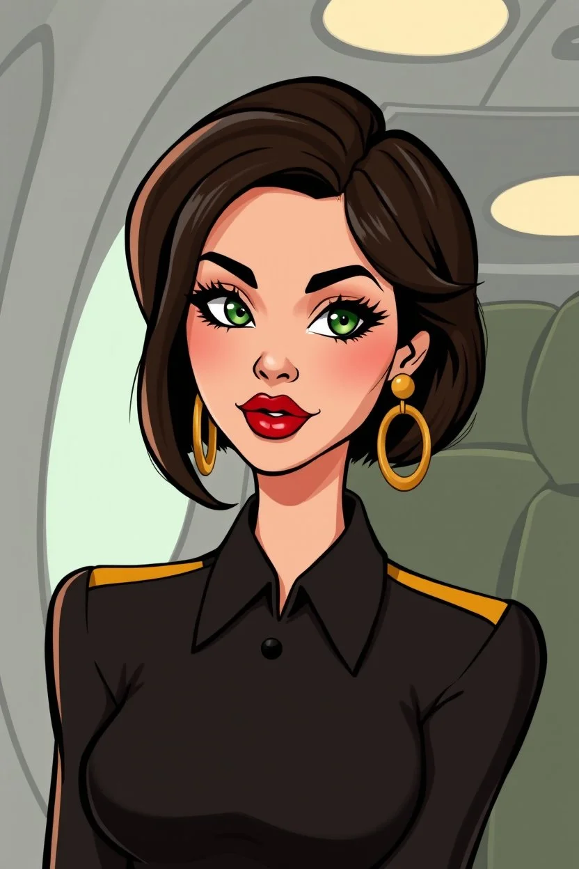cartoon of a very feminine, brunette 40 year old sexy European stewardess lady with short hair and strong, seductive makeup, smoky green eyes, pouty red inviting lips and large golden earrings who looks like Elodie Cherie