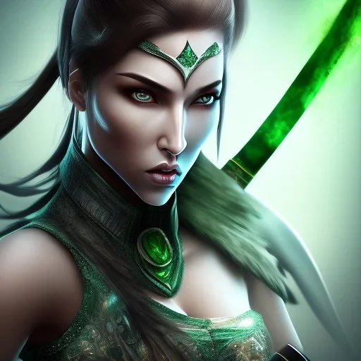 jade, mortal kombat, face, mouth open, white clothes, emerald ninja mask, black hair, brown eyes, woman