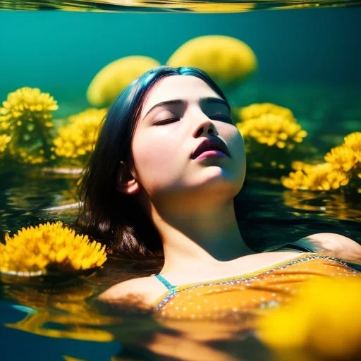 girl underwater with yellow flowers for hair, closed eyes, rtx, reflection, 8k, glow, winning photography, caustics