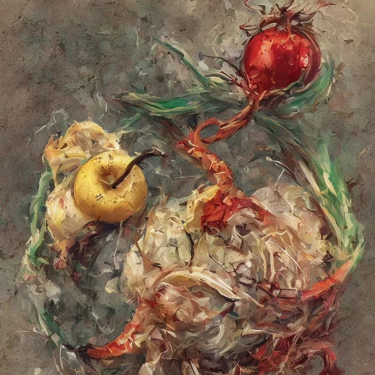 une pomme rouge et une banane et une araignée peinture degat