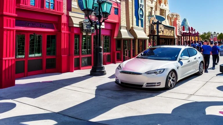 A Tesla's 'Model S Plaid' is racing at top speed, across the 'Universal Studios Orlando', in Florida. CINEMATIC. WIDE ANGLE LENS.