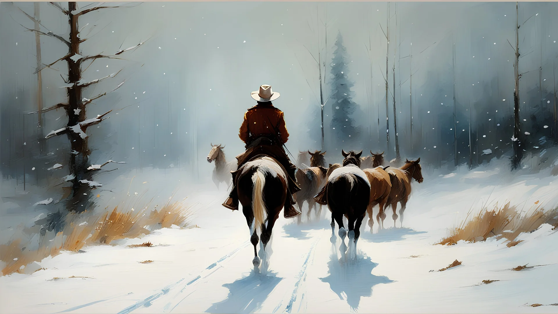 A cowboy walking down a very snowy road in a blizzard with lots of snow falling and blowing:: by Robert McGinnis + Jeremy Mann + Carne Griffiths + Leonid Afremov, black canvas, clear outlining, detailed