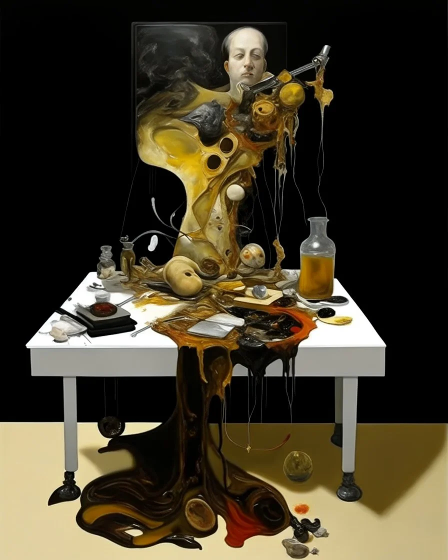 human body, universe-like table,complex surgical instruments mixed with human body-like musical instruments,minimalism,Painting By Adrian Ghenie, Rene Magritte, Salvador Dali, Lucian Freud