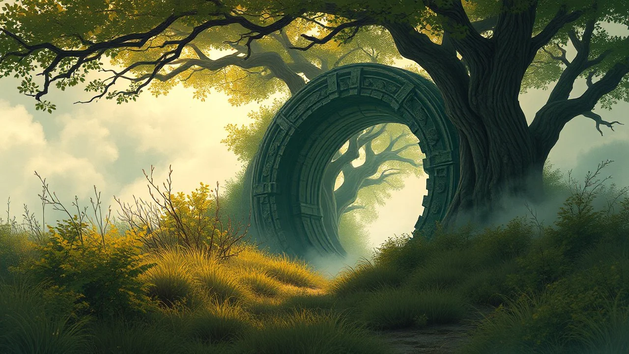 Atmospheric illustration of an intricate portal in a bush