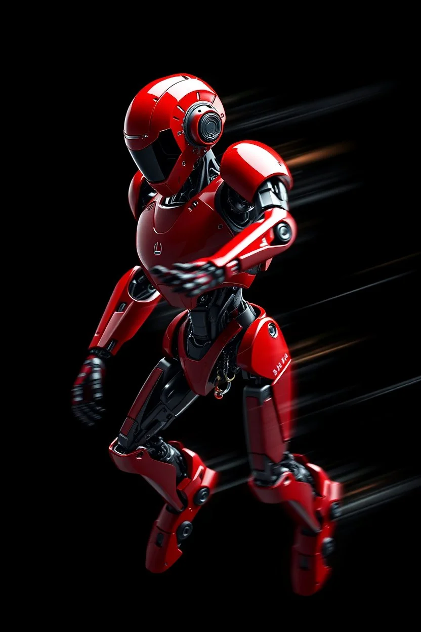 A hyper-realistic 3D Dynamic motion, intense jet black, pure black, deep shadows. A dazzling red droid mechanic, sleek metallic body, precise joints. Digital painting, futuristic robot, blurred lines, action poses