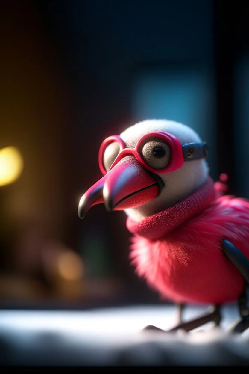 the superhero flamingo wearing googles skiing and talking on phone,shot on Hasselblad h6d-400c, zeiss prime lens, bokeh like f/0.8, tilt-shift lens 8k, high detail, smooth render, down-light, unreal engine, prize winning