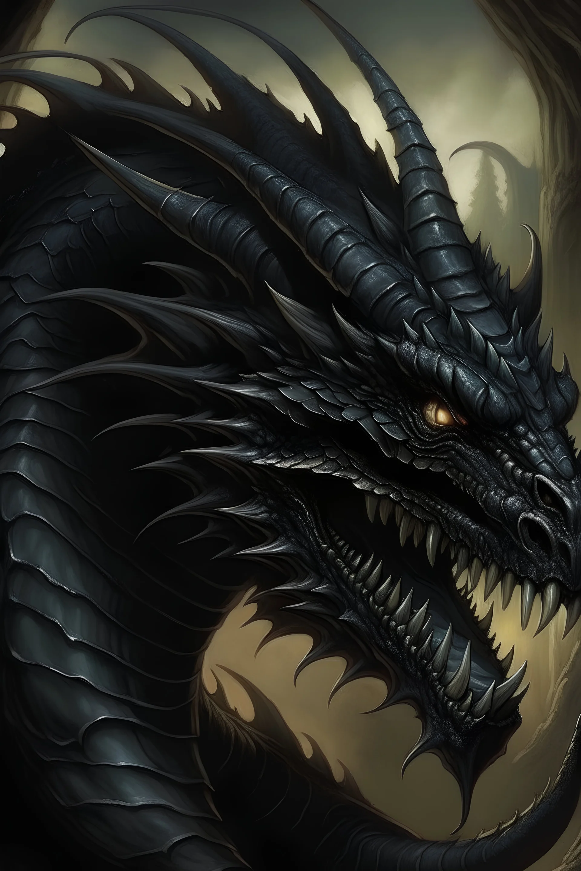 50s dark fantasy art, illustration of a black dragon