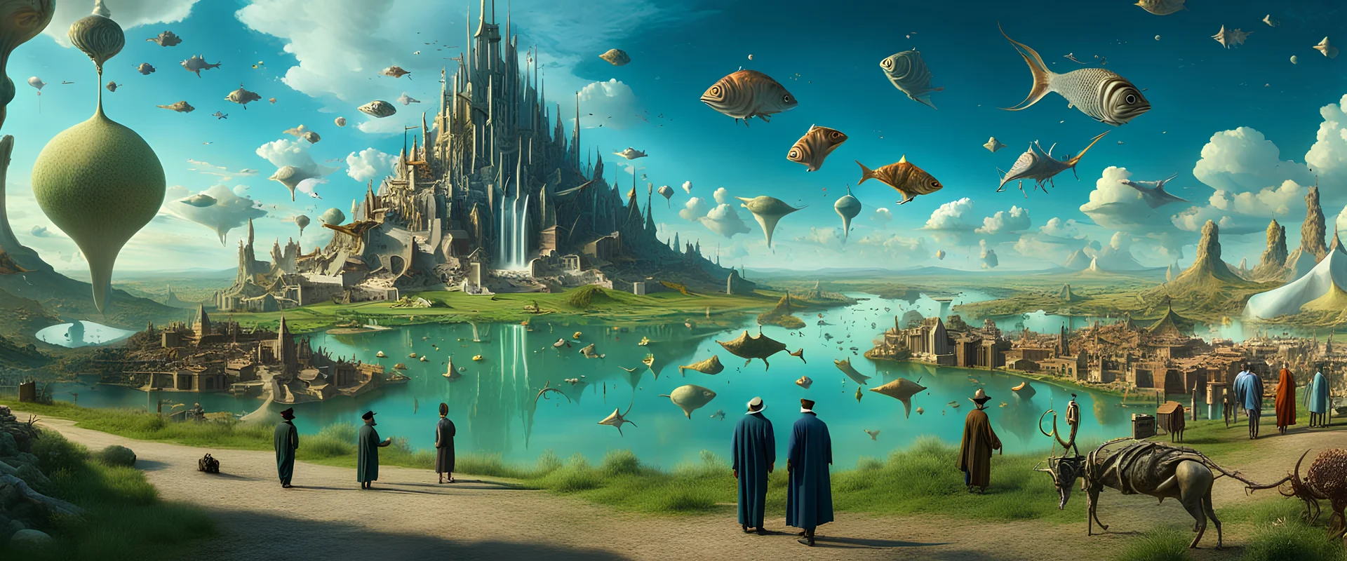 Mr Salvador Dali and Mr Hieronymus Bosch talking to each other at an outdoor surrealist market. A herd of dream-like sky-fish swim high in the far distance, with a beautiful surreal outdoor countryside summer scene with hills, waterfalls, and an intricate fractal sky, very high detail, photorealistic, epic cinematic, 8K, Large depth of field