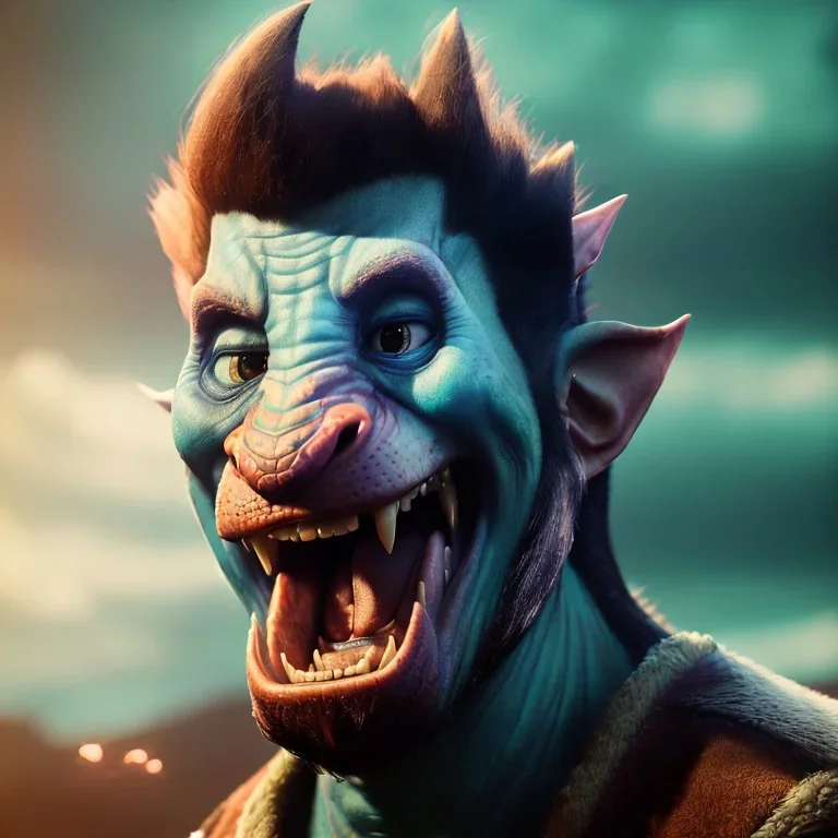 portrait photography of troll, dragon theme art, light happy atmosphere, 8K, close-up face, anatomically perfect face, clouds and sun, ignore NSFW, full body image