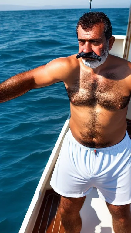 Turkish helmsman drives a fishing boat holding the helm, burly, strong beefy, in undershirt and boxer shorts, 42 years old, moustache, short beard, curly hair, in tank top and boxer shorts, photorealistic, view from the bottom, ambient occlusion, sunlight