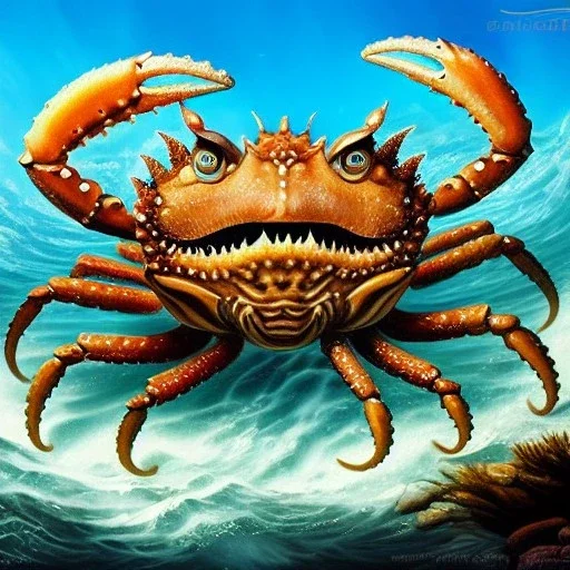 ultra detailed fullbody Drawing of Sea monster Giant Crab on the shore , extremely detailed digital painting, intrincate, extremely detailed face,crystal clear Big eyes, in the style of Frank Frazetta, mystical colors , perfectly centered image, perfect composition, rim light, beautiful lighting, 8k, stunning scene, raytracing