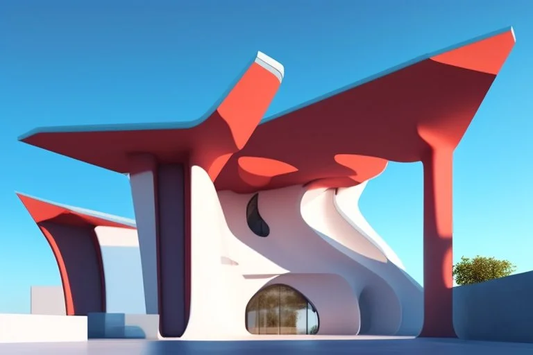 3D representation of architectural wonder, with a concrete design and matte reddish glass that contrasts with the light blue sky, emphasizing organic movement. Its design represents an ant with a bulbous tail and membrane wings with solar panels, its tail is made of concrete and glass. It stands out from pedestrians, creating a sense of scale. In open space, its use is a public place and as a great viewpoint in the mountains Combination of practicality and artistic expression in architecture