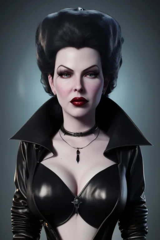 Lana Turner as evil queen in black leather, leather, busty, cleavage, angry, stern look. character design by cory loftis, fenghua zhong, ryohei hase, ismail inceoglu and ruan jia. unreal engine 5, artistic lighting, highly detailed, photorealistic, fantasy