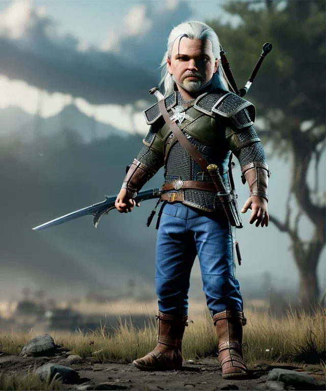 Geralt of rivia toddler, full body, cyberpunk, dramatic lighting, hyper realistic,