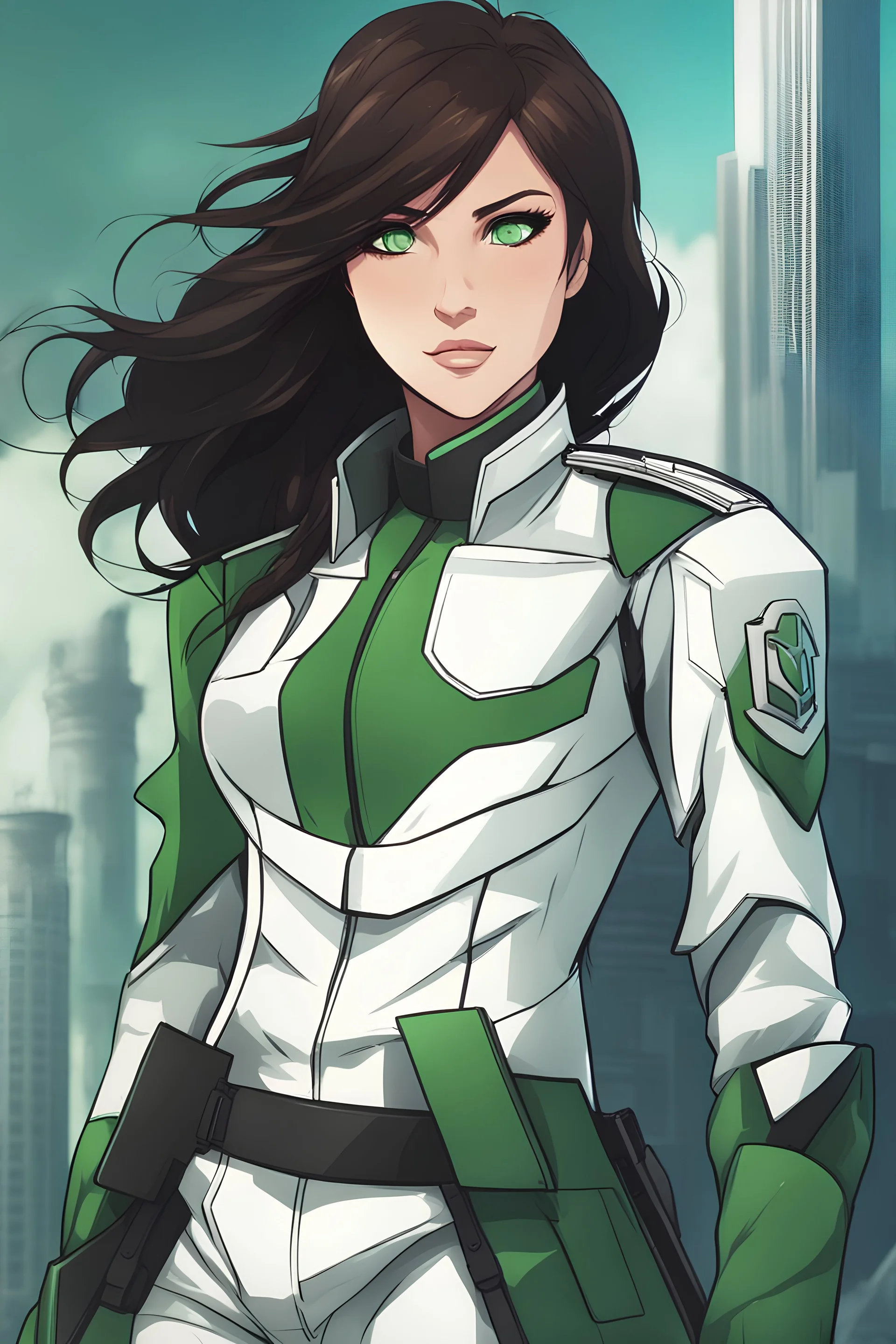 Woman with dark brown hair, vivid green eyes, futuristic white military uniform, smirking, urban background, RWBY animation style