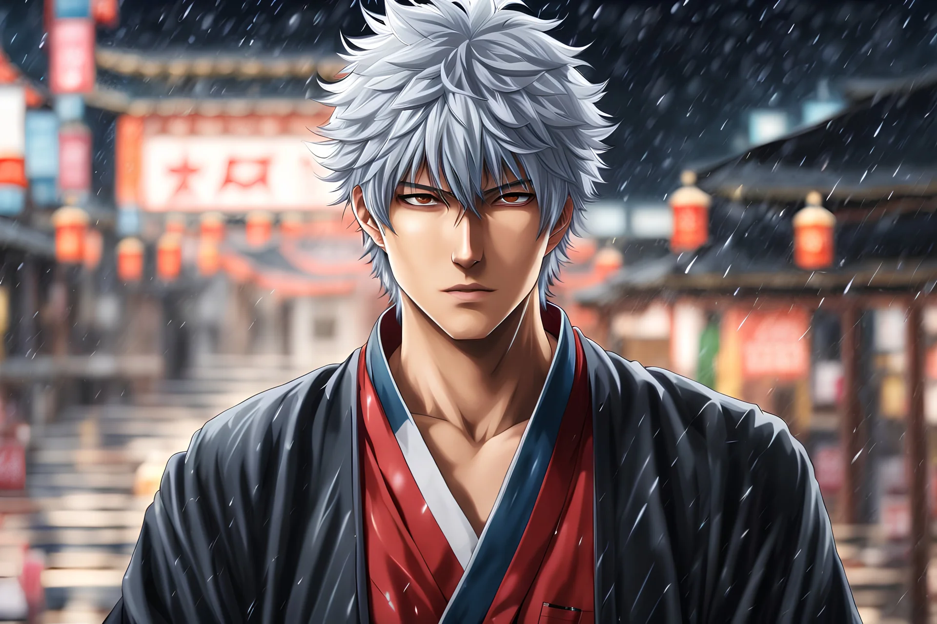 Gintoki in 8k 2D anime realistic drawing style, Gintama costum, close picture, rain, japan, highly detailed, high details, detailed portrait, masterpiece,ultra detailed, ultra quality