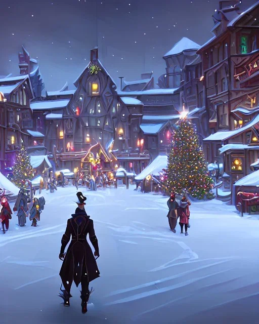 A magical snowy warlock town square with a Christmas tree