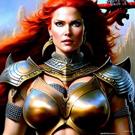 fullbody portrait 'beautiful sexy busty mature Redsonja',wearing minimal ancient metal armor,hyperrealistic skin,Hyperrealistic Big eyes,painting by gaston bussiere, greg rutkowski, yoji shinkawa, yoshitaka amano, tsutomu nihei, donato giancola, tim hildebrandt, oil on canvas, cinematic composition,sharp image, extreme detail,((fit full head inside picture)),32k